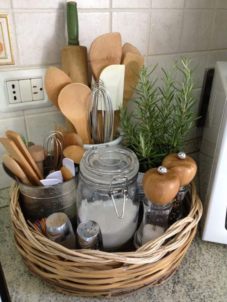 kitchen organizing with baskets